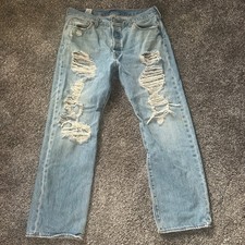 Levis 501 Jeans Mens 36x30 Blue Light Wash Distressed Button Fly Straight Grunge