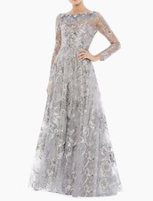 Mac Duggal Sterling Silver Sequin Floral Embroidered Illusion Gown 12 498