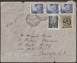 VATICAN 1949 13 APR AERO. FOR PHILADELPHIA (USA) AFF. L.95 MEDALLIONS S.VARI