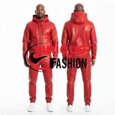 Men's Red Soft Real Leather TrackSuit Sweatsuit With Hoodie Jacket And Trousers