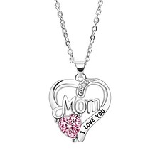 BESPMOSP Mom Necklace 'I Love You Mom' - Rhinestone Necklace for Mother's pink