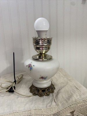 Vintage Table Lamp In A White Milk Glass With Blue And Purple Flowers