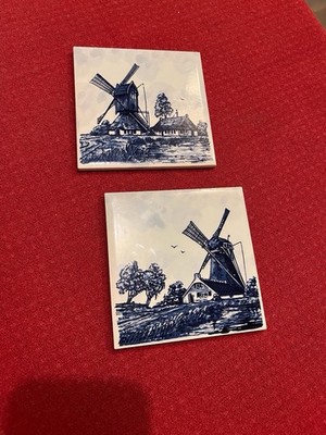 2 Vintage Dutch Delft framed Windmill Tiles ,blue & white