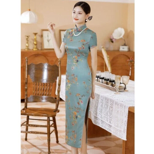 Mujeres Chino Tradicional Floral Satén Qipao Vestido Manga Corta Ajustado Cheongsam - Imagen 8 de 28