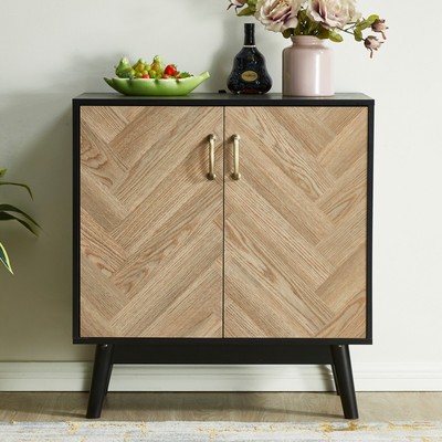 Modern square Buffet Storage Cabinet with wood grain finish and solid wood legs