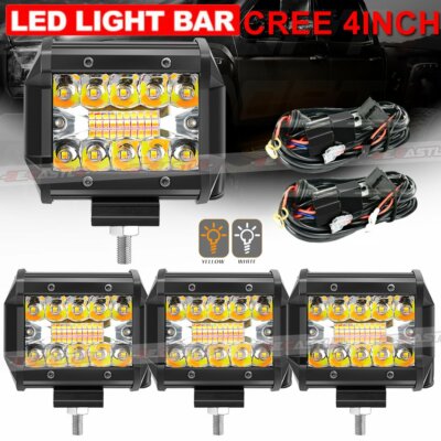 4x 4'' LED Light Bar Pods White Amber Strobe Driving Fog Off Road Triple Row Wire