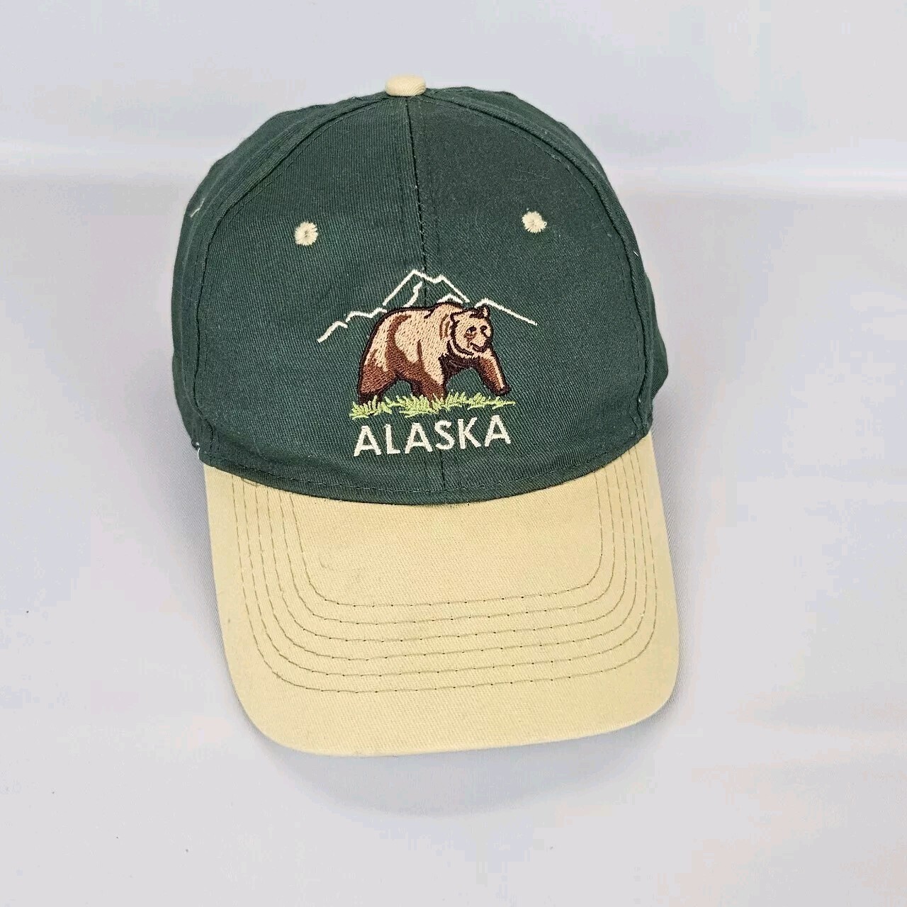 Alaska Bear and Mountain Hat Green And Tan Vintage Embroidered