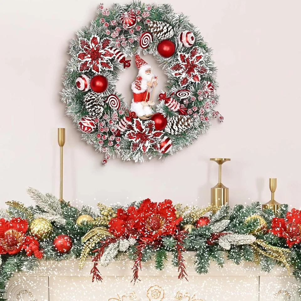 Christmas Wreaths for Front Door, 2 Pack 18" Santa Skiing Poinsettias w/ Lights - Image 3 of 4