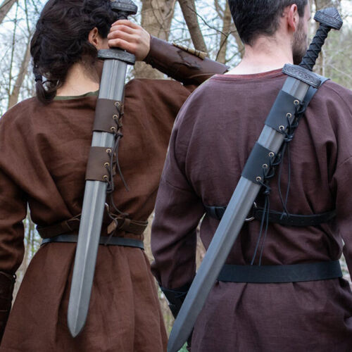 Medieval Costume PU Leather Strap Scabbard Shoulder-back Sword Holder Coffee - Photo 1 sur 11
