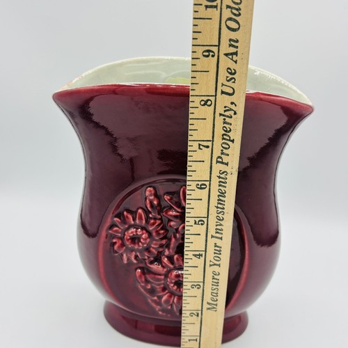 Red Wing Pottery Burgundy Red Maroon Vase B2002 Embossed Flowers Gray Interior - Picture 9 of 10