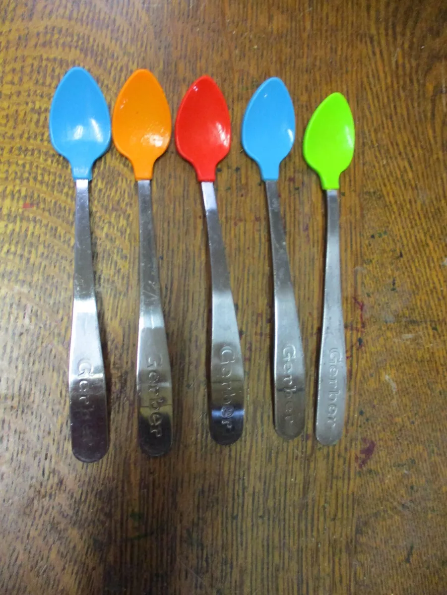 Lot of 6 Gerber Vintage Infant Baby Spoons Green White Pink Blue Soft Tips  Bite