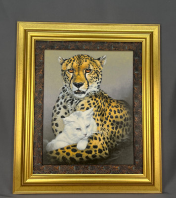 Fabrizio (Fuz) Caforio CHEETAH & CAT Signed & Framed Acrylic on Canvas 24  x 29 