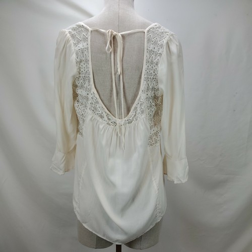 Womens Lace Top Size Small Ivory Ruffle Sleeve Open Tie Back Peasant Bohemian - Picture 4 of 7