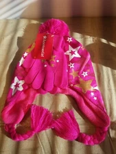 American  Girl  Pink/Gold Star  Pom Pom Tie Knit Hat/Gloves Size 8+ Years