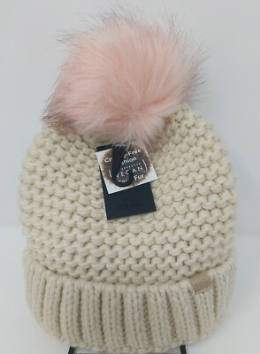 David & Young Women's Cable Knit Winter Hat Beanie Faux Fur Pom Pom Beige Pink