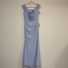 Xscape Evenings 6370X Dani Scuba Ruched Off the Shoulder Light Blue Maxi Sz 10