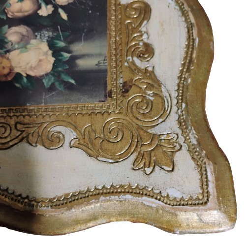 Vintage Florentine Tole Floral Placque Ivory Gilt Wood Hollywood regency Italy - Picture 3 of 4
