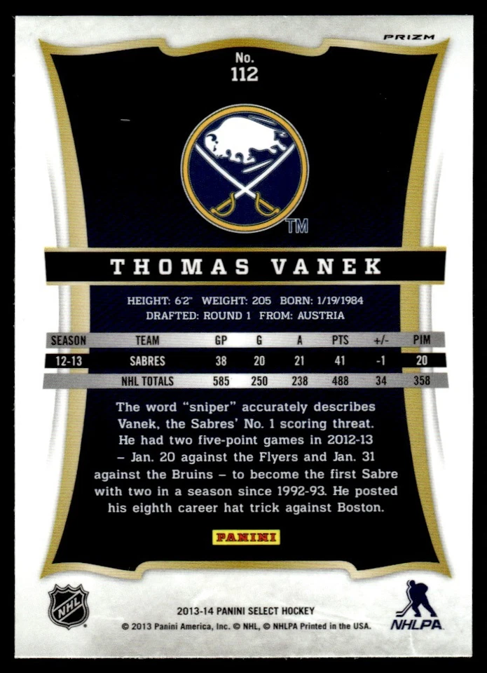 2013-14 Panini Select Prizms Thomas Vanek Buffalo Sabres #112 - Image 2 of 2