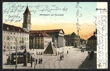 Karlsruhe, Marktplatz mit Pyramide und Straßenbahn, Ansichtskarte 1908 