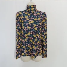 Yumi Kim Navy Floral Country Escape Oh La La Turtleneck Long Sleeve Top Small