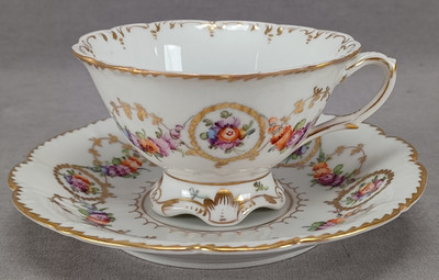 Dresden Hand Painted Floral & Gold Garlands Footed Tea Cup & Saucer H