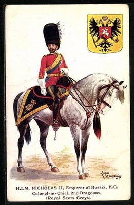 Künstler-AK Nicholas II. of Russia, Colonel-in-Chief, 2nd Dragoons, Coat of Arm 