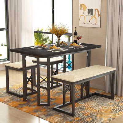 43.3'' Dining Table Sets, Farmhouse Kitchen Table for 4 with 3 Seats & Wicker Sea