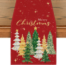 Xmas Trees Merry Christmas Table Runner 13x72 Red Winter Kitchen Dining Decor