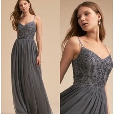 BHLDN Elowen Maxi Dress Floral Sequin Beaded Tulle Formal Gown Steel, Size 12