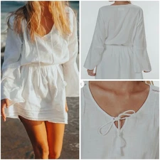 The Normal Brand Size S White Bell Sleeve Mini Dress Slub Twill Boho Tassel Trim