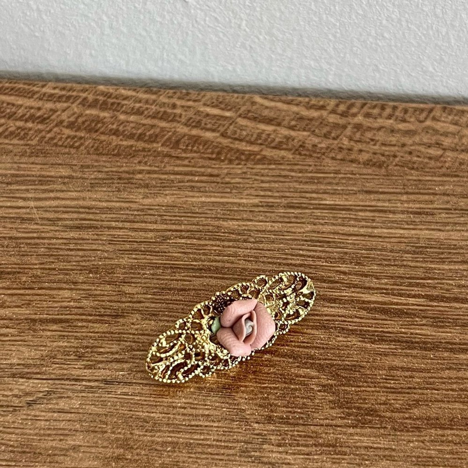 Vintage Pink Rose Filigree Brooch Gold Tone Cottagecore Floral Pin