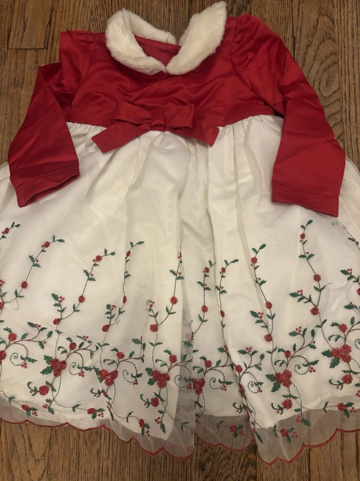 WONDER KIDS 尺寸 24 个月红色圣诞闪光冬青人造毛皮领连衣裙 — 第 3/4 张图片