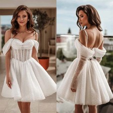 Elegant Short Wedding Dress Spaghetti Strap Sleeveless Lace Sequins Bridal Gowns