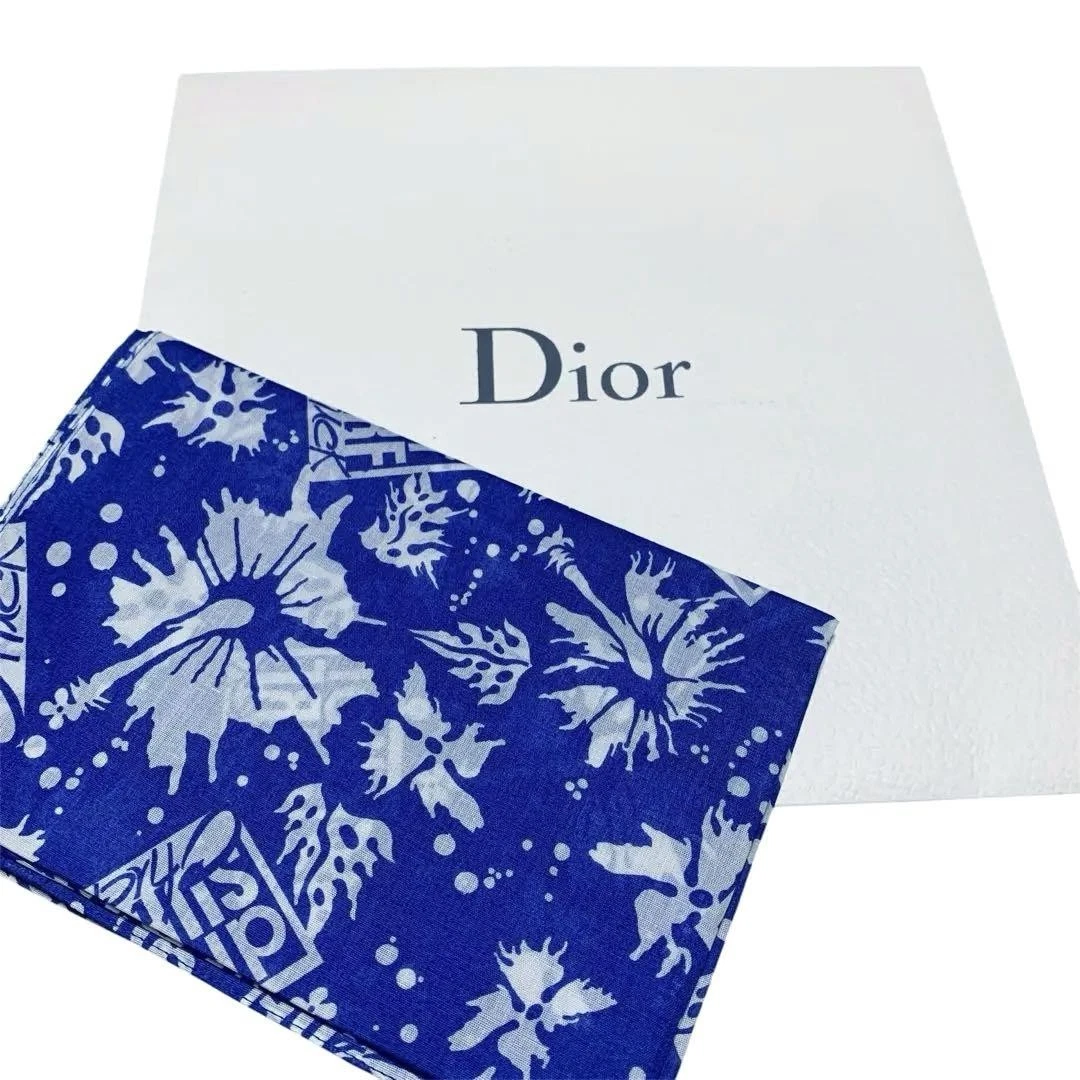 Christian Dior écharpe surf bandana étole hibiscus bleu blanc coton 112 cm