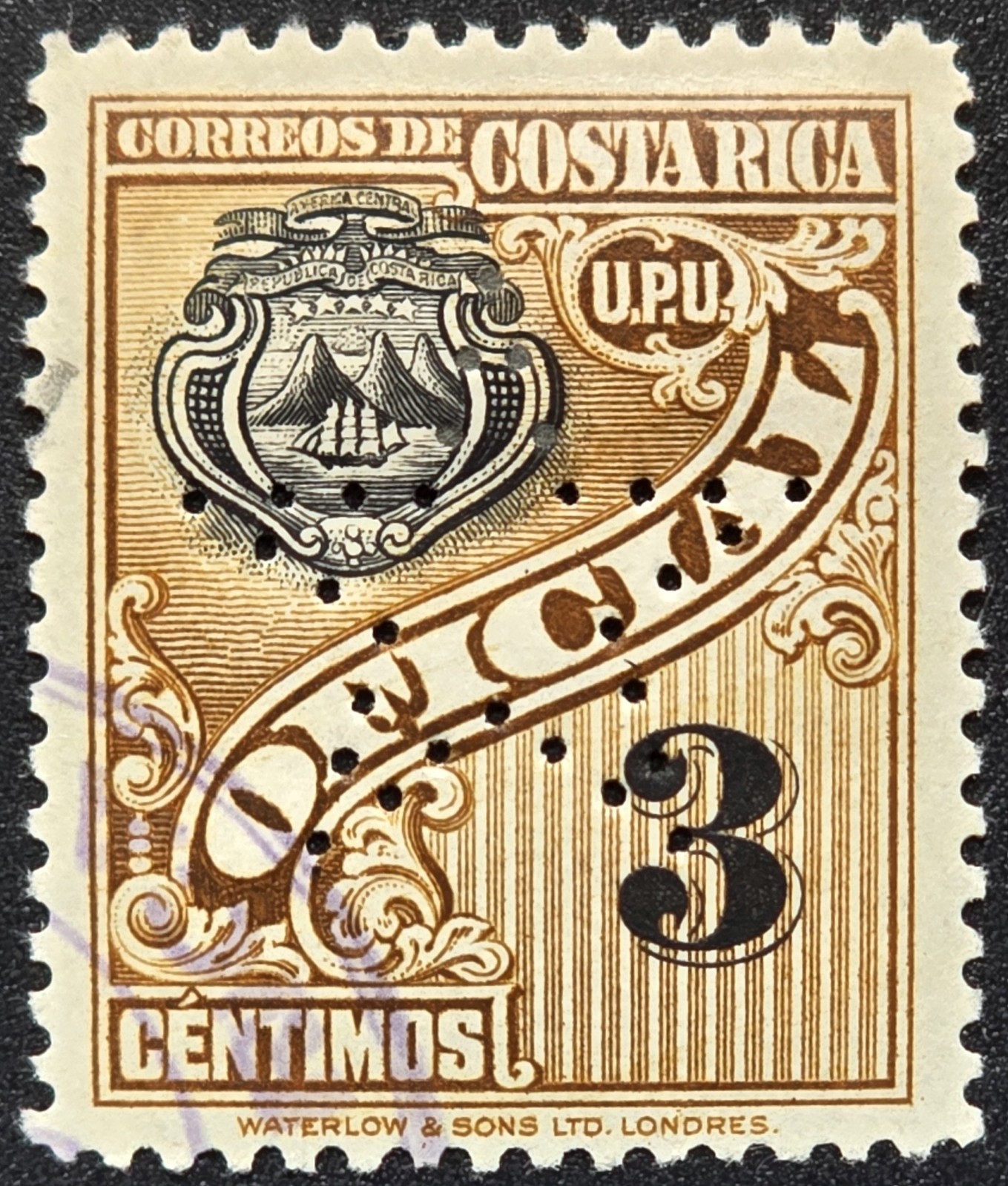 Costa Rica - 1910s-1920s Scott #O67 Official 3c Coat of Arms - "Star" PERFIN