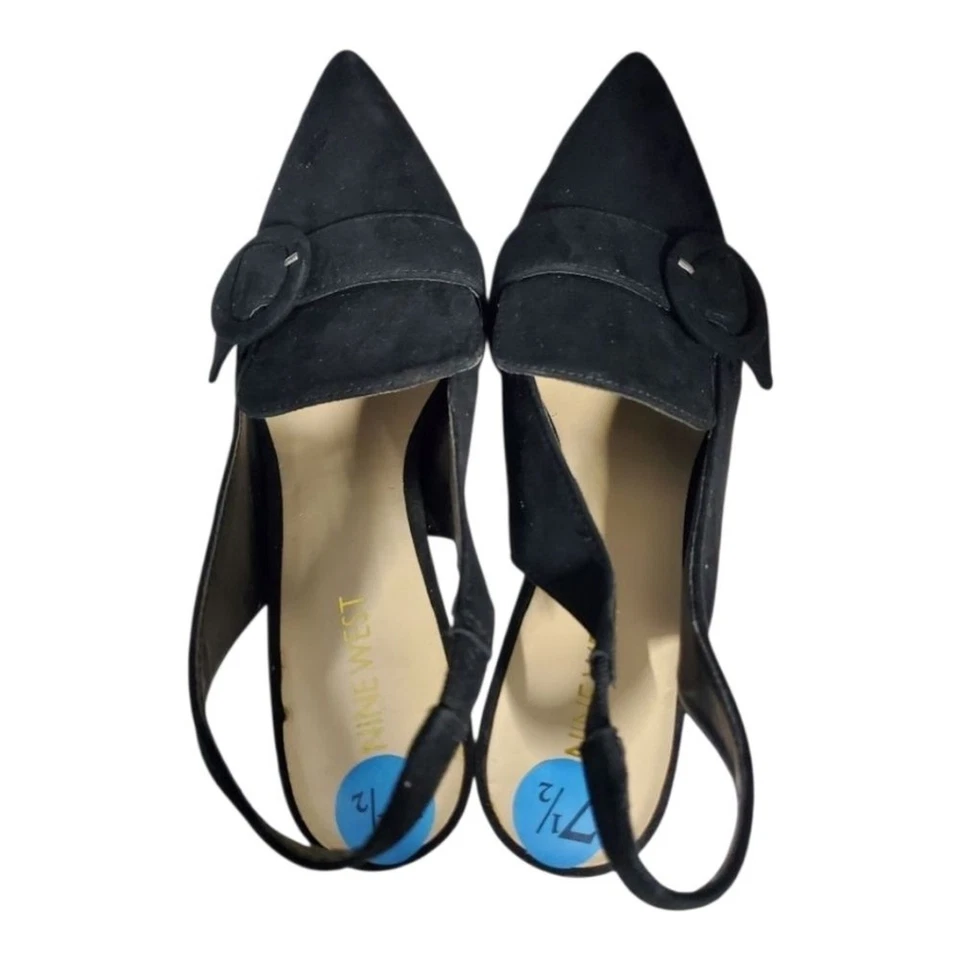 Nine West Shoes womens Size 7-1/2 7.5 Black Suede Like Slingback Pumps Buckle - Image 2 of 4