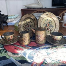 Rare Antique Victorian Toy Child’s Litho  Coffee/tea Set 8 Piece Hummingbirds