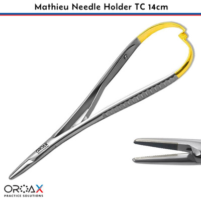 OROAX  TC Mathieu Needle Holder 14cm | Tungsten Carbide Gold Handle Suture Plier
