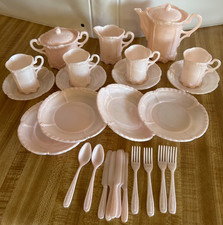 VTG Banner 28pc Children's Pink Plastic Tea Set, Victorian Style, 1950's, USA