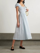 Women Doen U-neck Pleated Puff Sleeve A-line Midi Dress