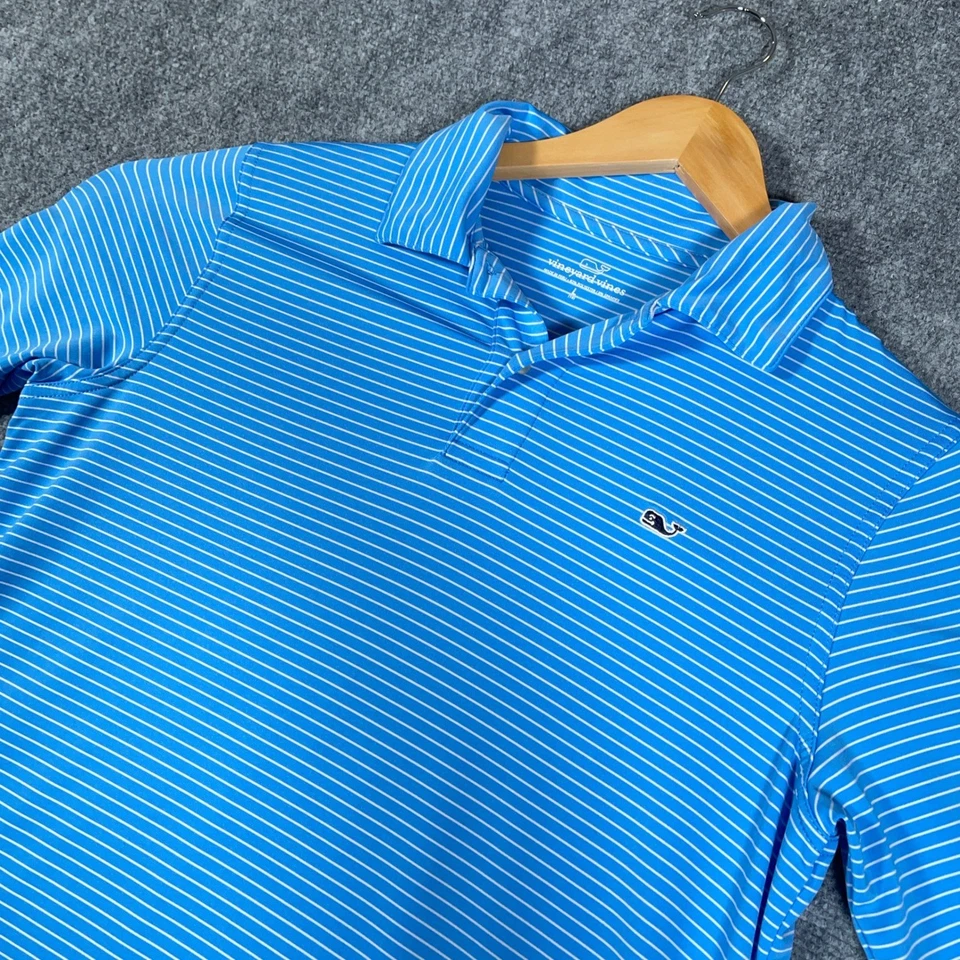 Camisa polo de golf Vineyard Vines para niños L (16) azul a rayas logotipo de ballena elástica #AB432 Foto 3 de 4
