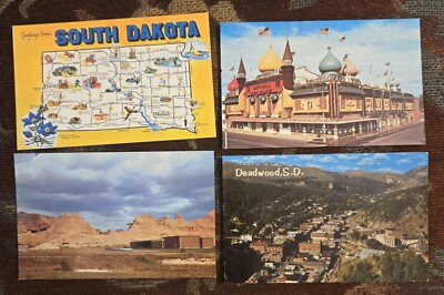 Vintage Postcards Lot of 4 South Dakota Deadwood Corn Palace Badlands PD1 