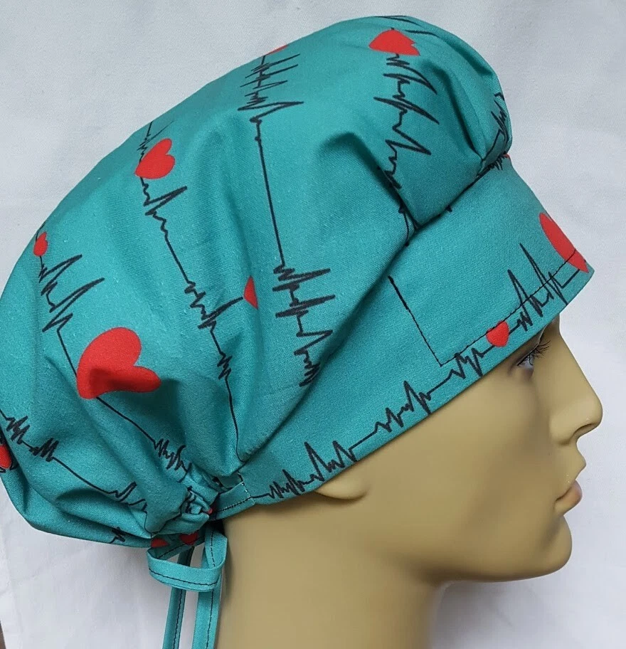 EKG teal and red hearts bouffant scrub hat cap - Image 2 of 3