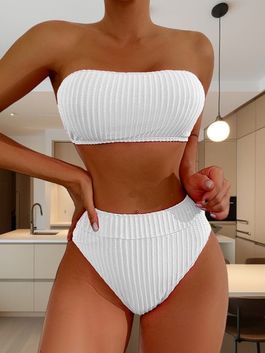UK Women Sexy Bikini Set RIBBED Swimsuit Boob Tube Bra Beach Swimwear High Waist - Picture 19 of 21