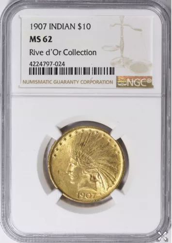 1907 $10 GOLD INDIAN HEAD EAGLE NGC MS 62