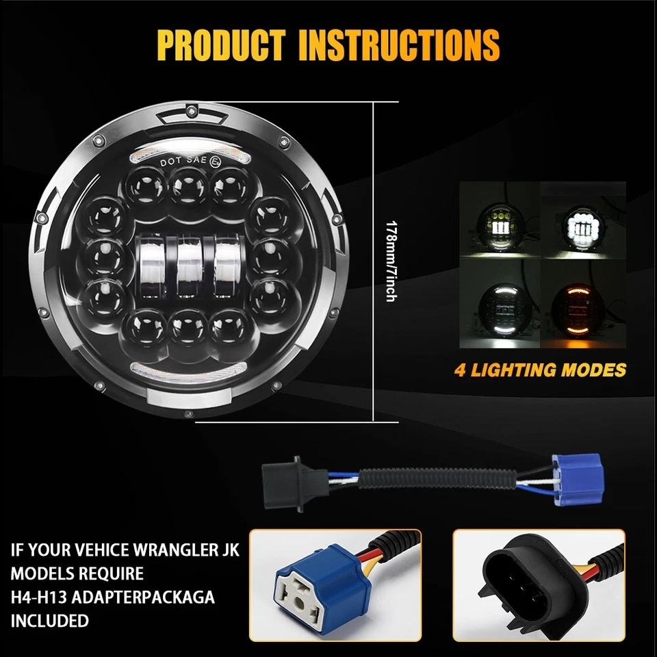 Pair 7" Inch Round LED Headlights Halo Hi/Lo Beam For Jeep Wrangler JK LJ TJ CJ - Image 3 of 4