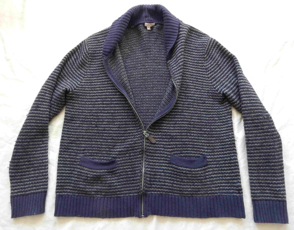 Blue Gray Striped Zippered Cardigan Turtleneck Sweater - 2XL Mens XXL Cotton - Image 3 of 4
