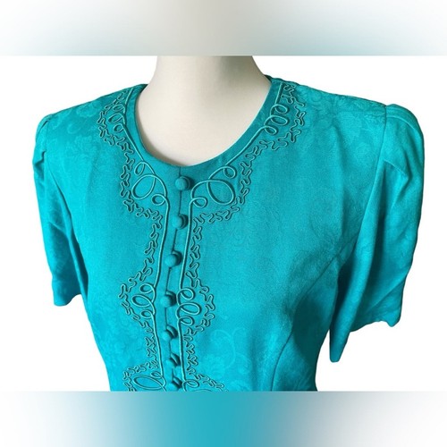 Maxi abito vintage Karin Stevens teal ricamato sovrapposizione pezzo unico, taglia 14 - Foto 2 di 11