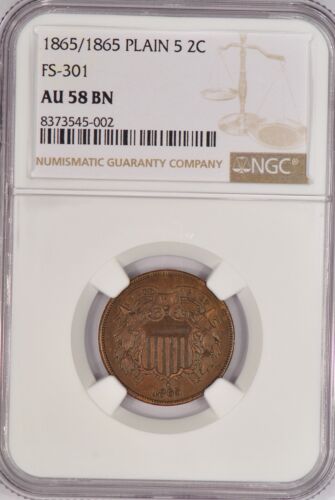 1865/1865 Two Cent Piece NGC AU 58 BN AU58 Brown FS-301 Variety Coin 2C