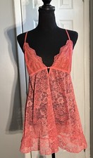 NWT Linea Donatella Sz L 2 Piece Babydoll/Thong Lingerie Set Coral Floral Lace